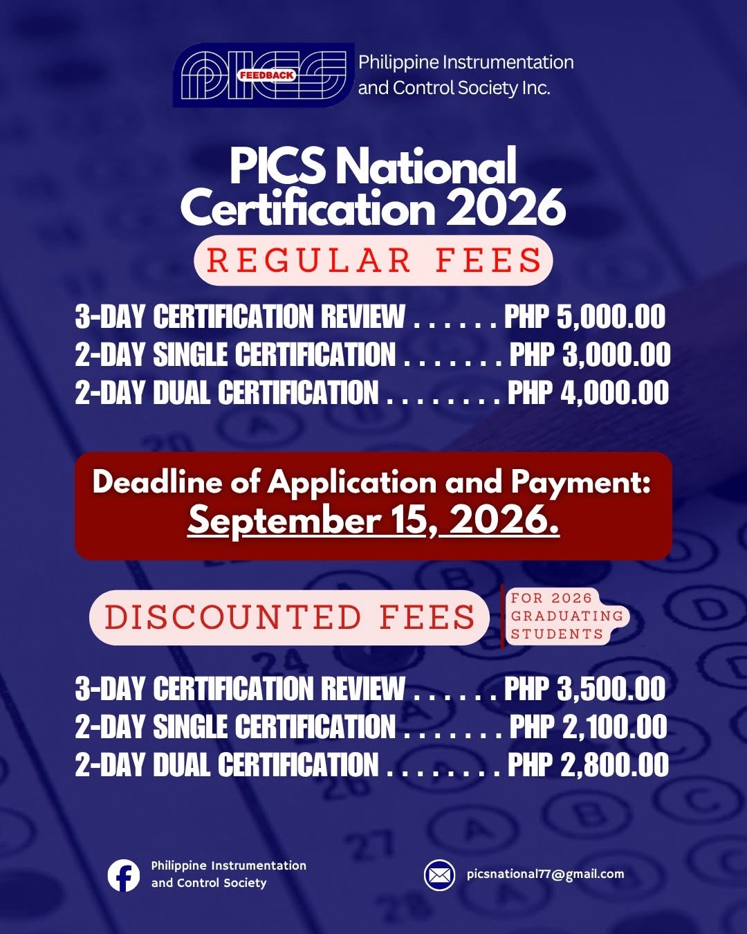 PICS National Certification 2026 regular and graduating-student fees