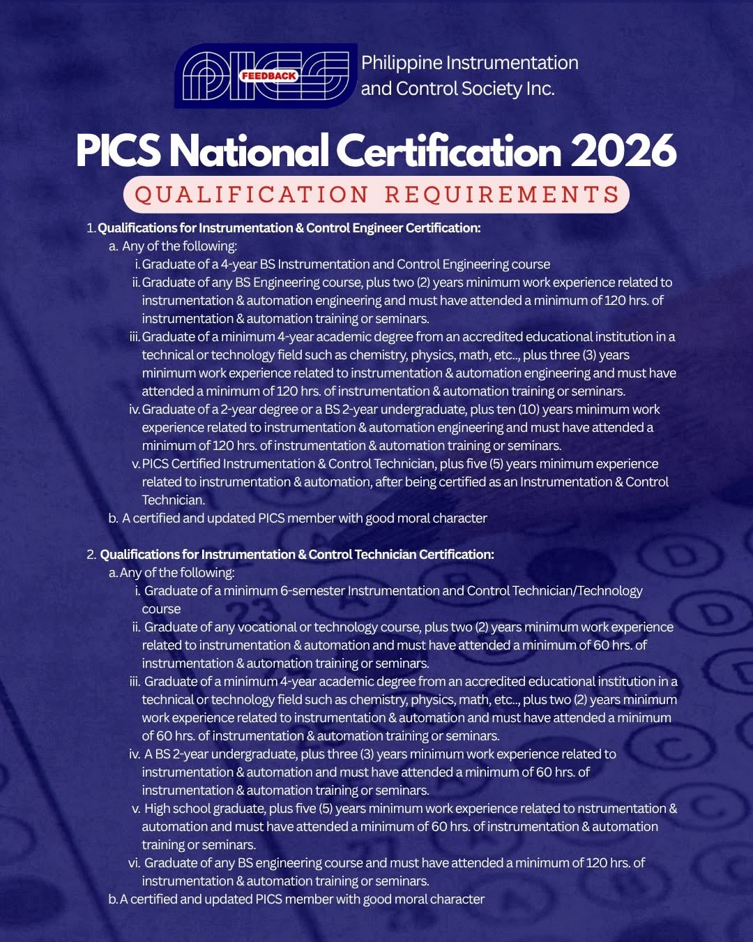 Qualification requirements for engineer and technician certification
