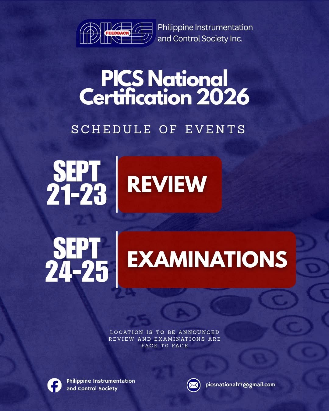PICS National Certification 2026 review and examination schedule