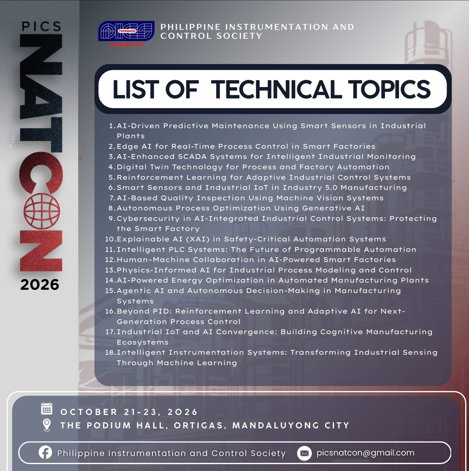 Official PICS NATCON 2026 list of 18 technical topics