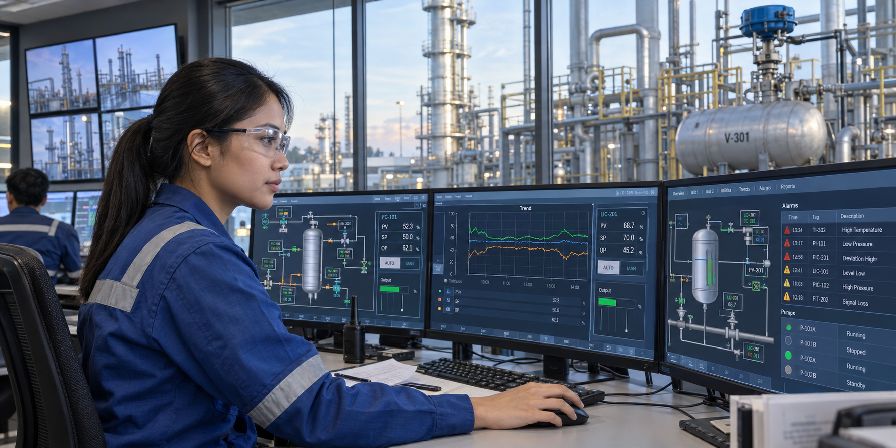 Female control engineer monitoring process graphics, alarms and control-loop trends in an industrial control room