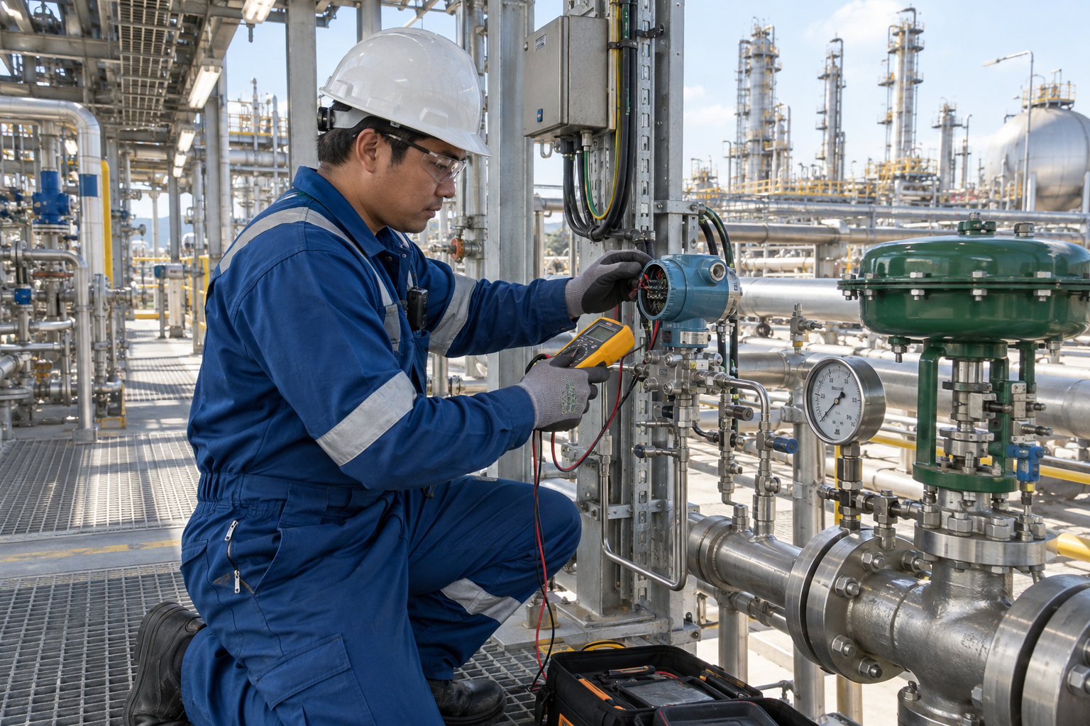 Instrumentation technician calibrating a smart pressure transmitter in an industrial plant